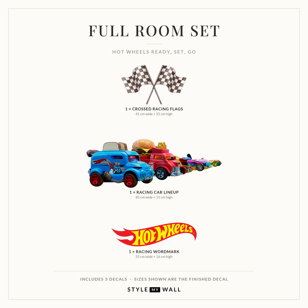 Hot Wheels Ready, Set, Go Wall Sticker Decals: Full Room Set sizes