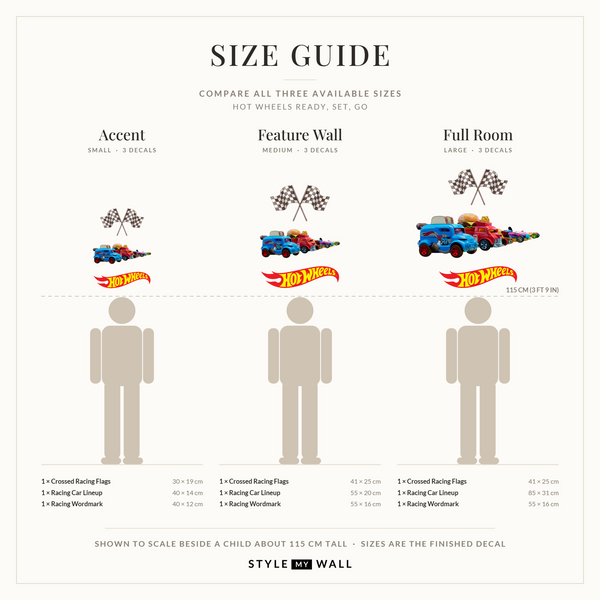 Hot Wheels Ready, Set, Go Wall Sticker Decals: size guide, every size shown to scale beside a child