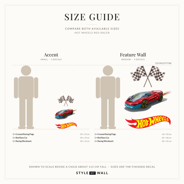 Hot Wheels Red Racer Wall Sticker Decals: size guide, every size shown to scale beside a child