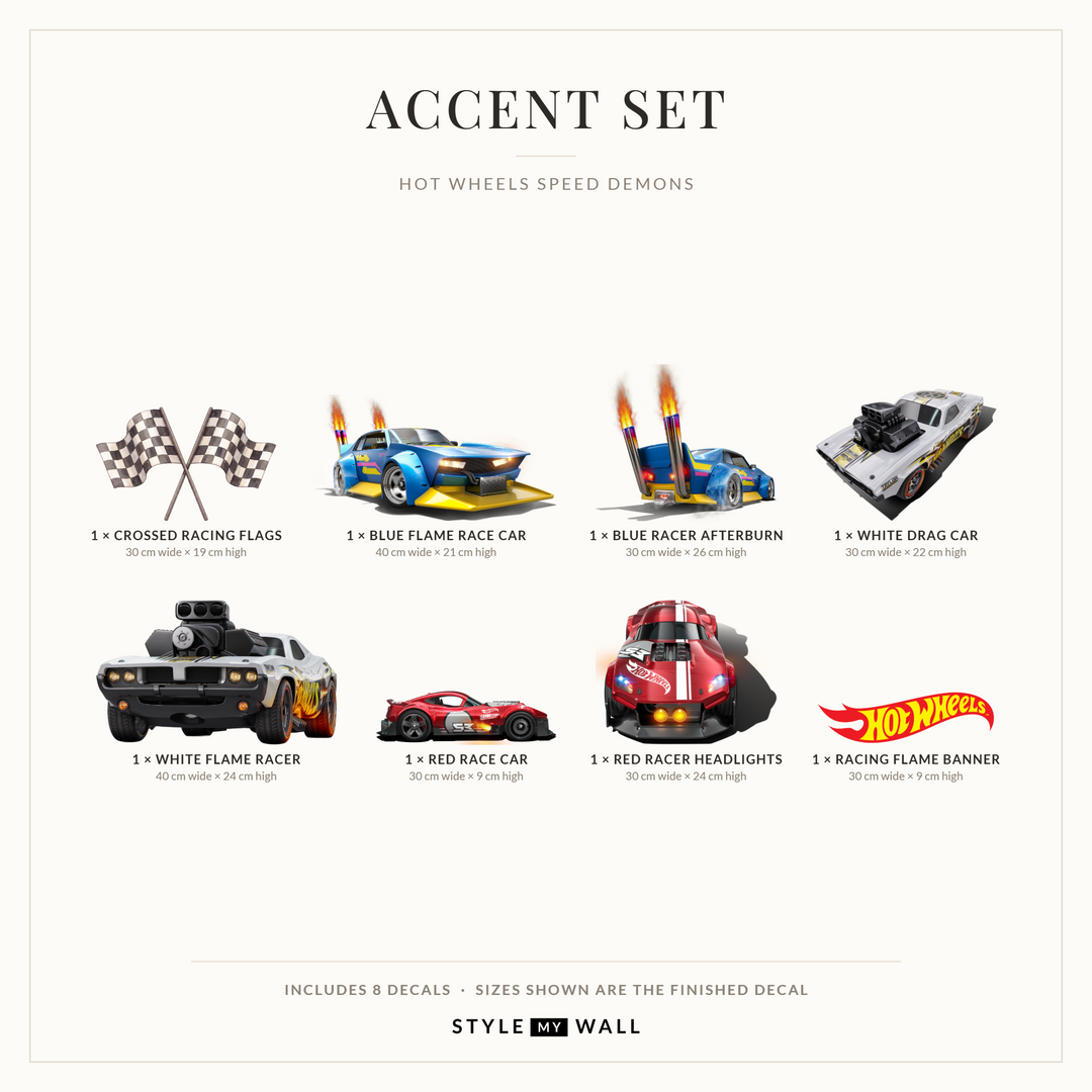 Hot Wheels Speed Demons Wall Sticker Decals: Accent Set sizes