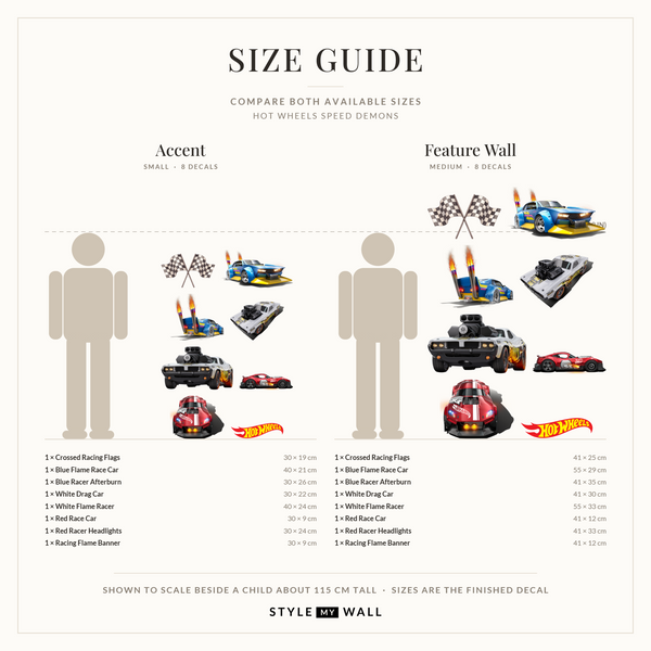 Hot Wheels Speed Demons Wall Sticker Decals: size guide, every size shown to scale beside a child