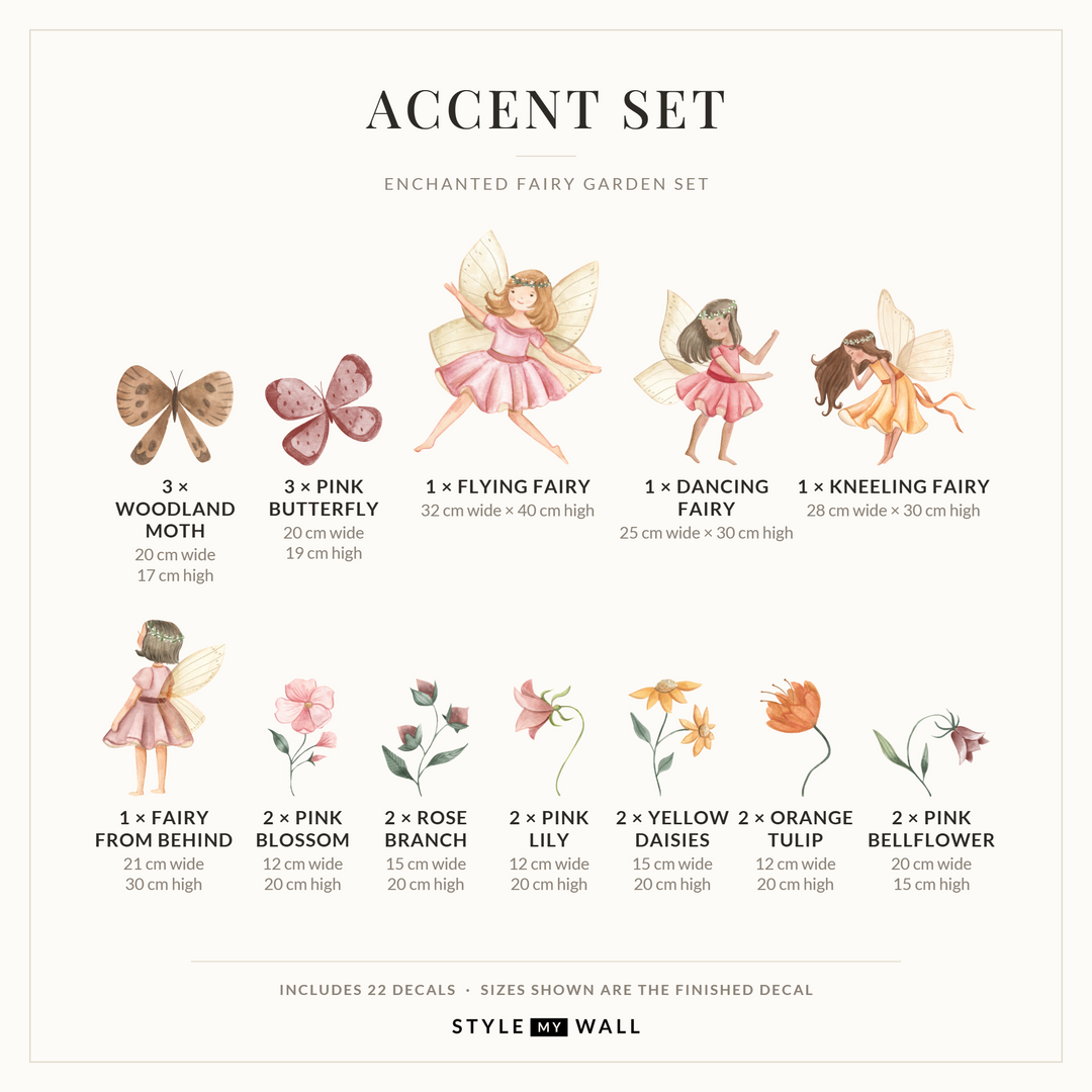 Enchanted Fairy Garden Set Wall Sticker Decals: Accent Set sizes
