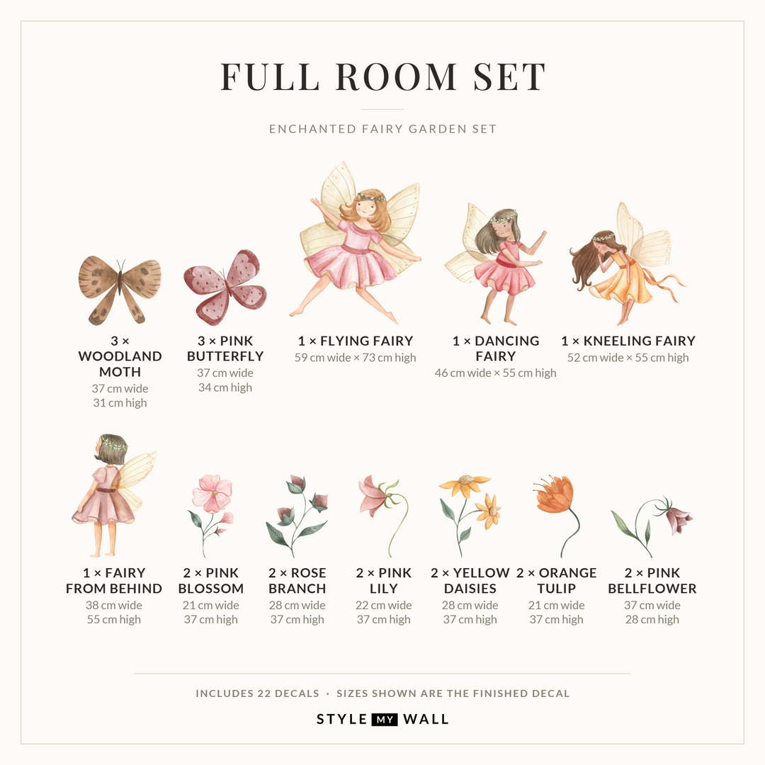 Enchanted Fairy Garden Set Wall Sticker Decals: Full Room Set sizes