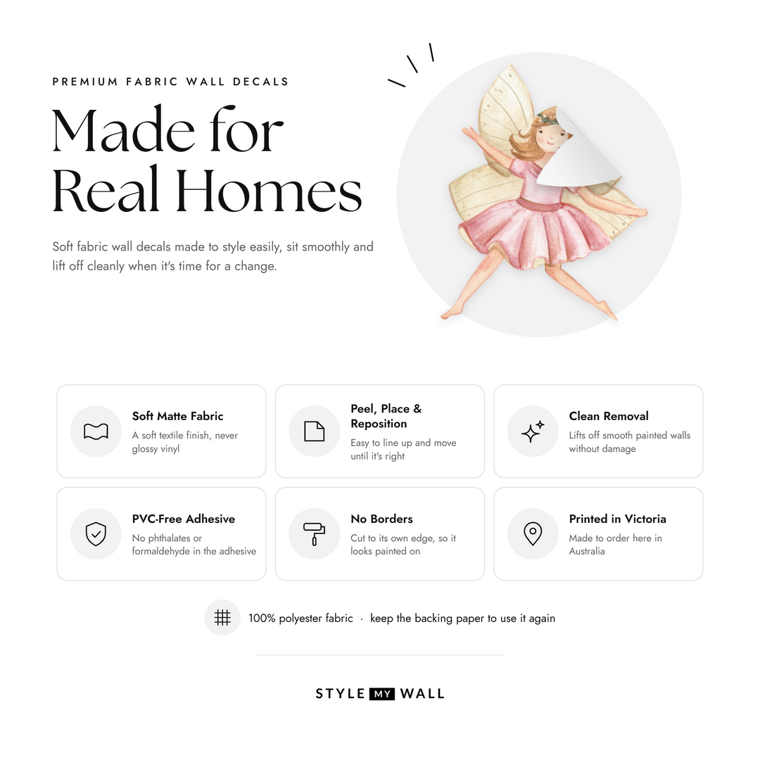 Enchanted Fairy Garden Set Wall Sticker Decals: soft matte fabric wall decals that peel, stick and reposition, printed in Victoria