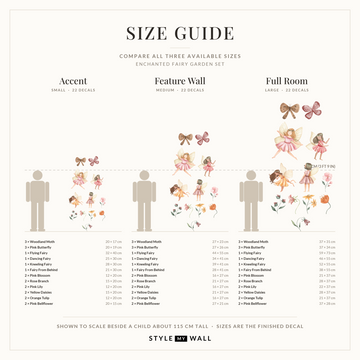 Enchanted Fairy Garden Set Wall Sticker Decals: size guide, every size shown to scale beside a child