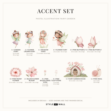 Pastel Illustration Fairy Garden Wall Sticker Decals: Accent Set sizes