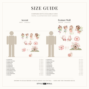 Pastel Illustration Fairy Garden Wall Sticker Decals: size guide, every size shown to scale beside a child