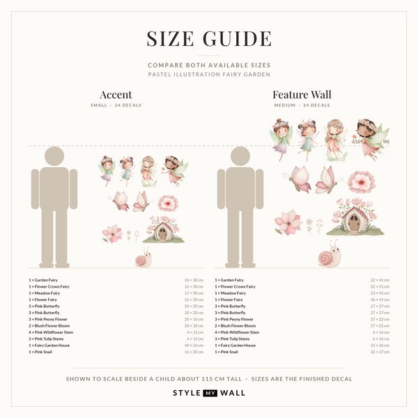 Pastel Illustration Fairy Garden Wall Sticker Decals: size guide, every size shown to scale beside a child
