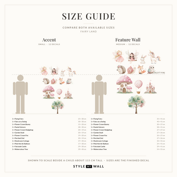 Fairy Land Wall Sticker Decals: size guide, every size shown to scale beside a child