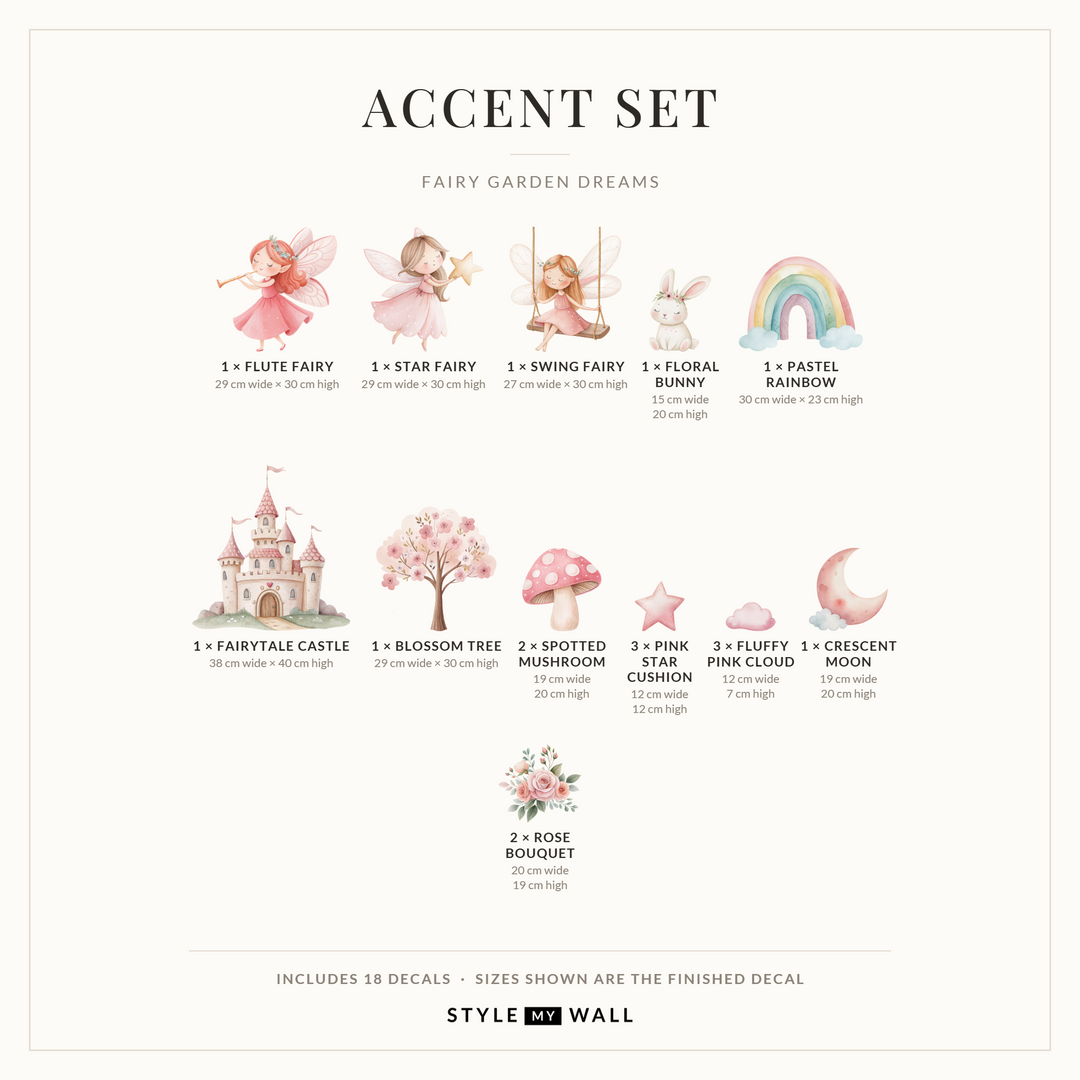 Fairy Garden Dreams Wall Sticker Decals: Accent Set sizes