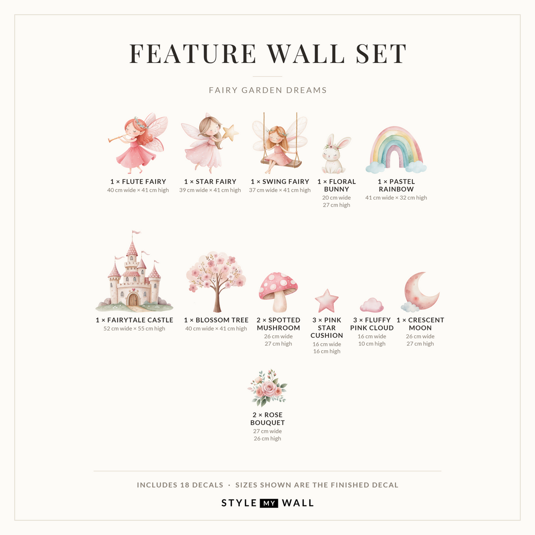 Fairy Garden Dreams Wall Sticker Decals: Feature Wall Set sizes