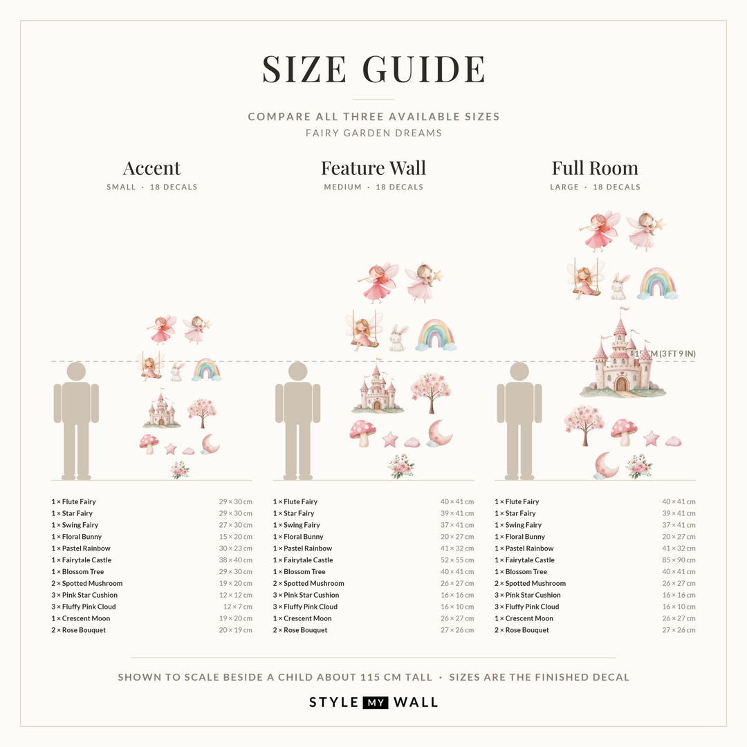 Fairy Garden Dreams Wall Sticker Decals: size guide, every size shown to scale beside a child