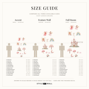 Fairy Garden Dreams Wall Sticker Decals: size guide, every size shown to scale beside a child