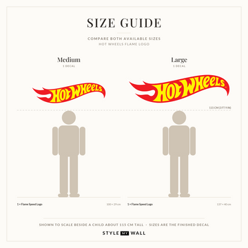 Hot Wheels Flame Logo Wall Sticker Decals: size guide, every size shown to scale beside a child