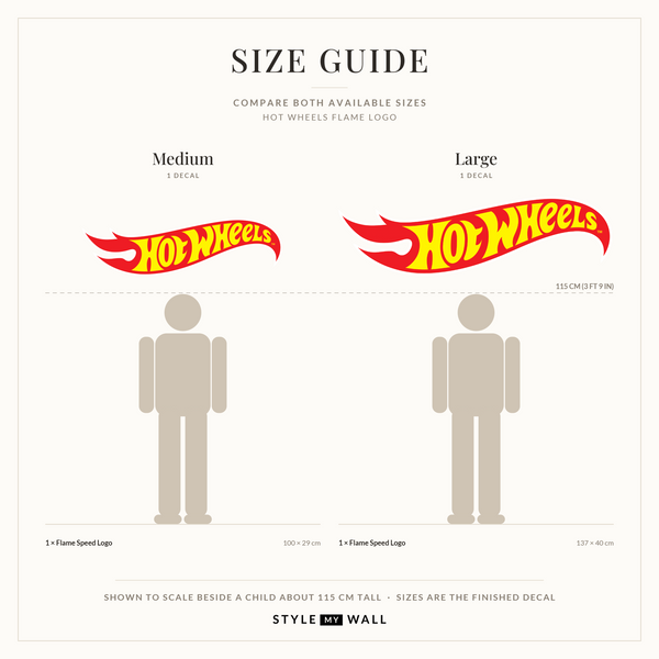 Hot Wheels Flame Logo Wall Sticker Decals: size guide, every size shown to scale beside a child