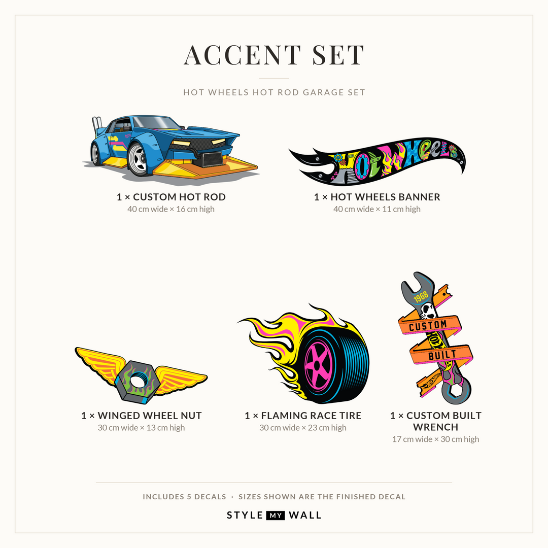Hot Wheels Hot Rod Garage Set Wall Sticker Decals: Accent Set sizes