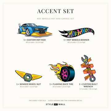 Hot Wheels Hot Rod Garage Set Wall Sticker Decals: Accent Set sizes
