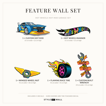 Hot Wheels Hot Rod Garage Set Wall Sticker Decals: Feature Wall Set sizes