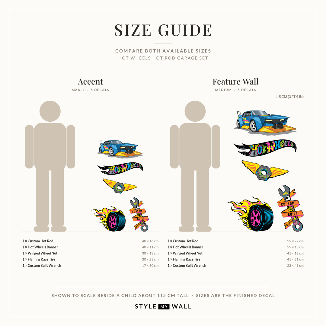 Hot Wheels Hot Rod Garage Set Wall Sticker Decals: size guide, every size shown to scale beside a child