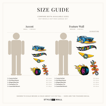 Hot Wheels Hot Rod Garage Set Wall Sticker Decals: size guide, every size shown to scale beside a child
