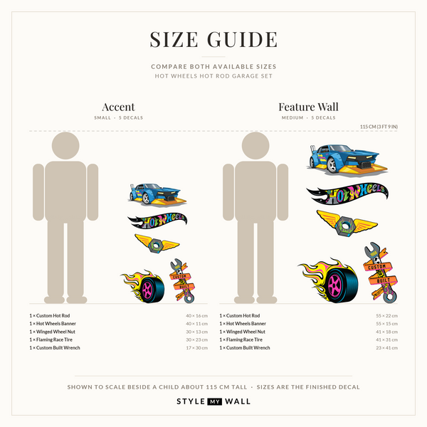Hot Wheels Hot Rod Garage Set Wall Sticker Decals: size guide, every size shown to scale beside a child