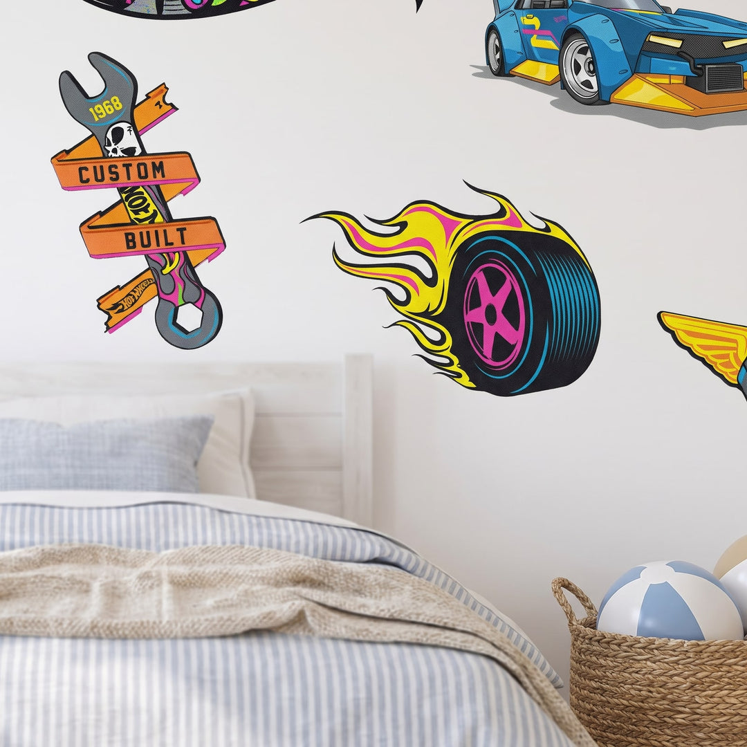 Hot Wheels Hot Rod Garage Set Wall Sticker Decals wall decals: a close-up of the decals from one side in a boy's bedroom