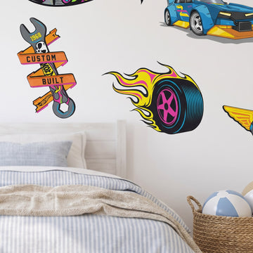 Hot Wheels Hot Rod Garage Set Wall Sticker Decals wall decals: a close-up of the decals from one side in a boy's bedroom