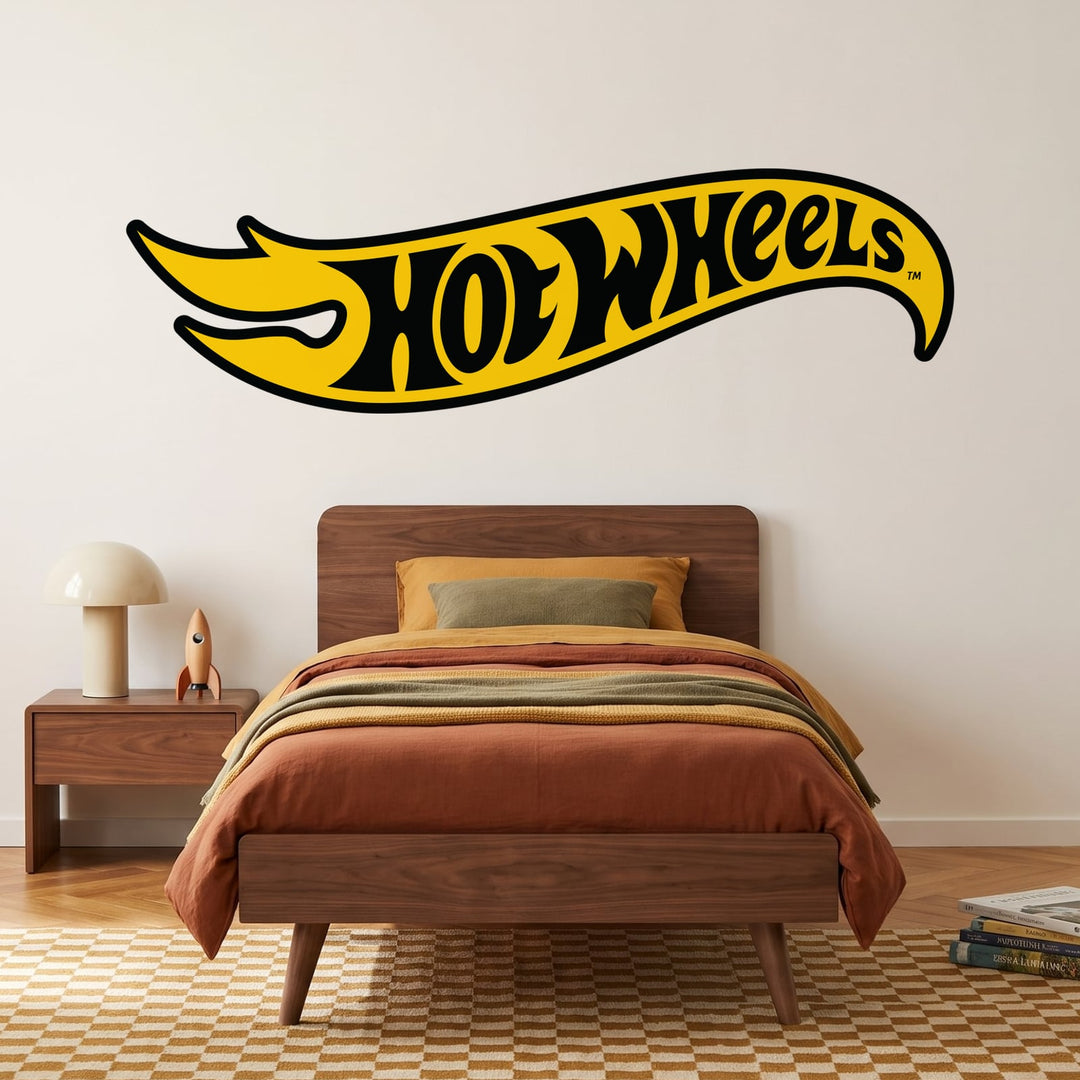 Hot Wheels Black & Yellow Logo Wall Sticker Decals wall decals on a boy's bedroom wall (Maxi (183 x 54 cm) size)