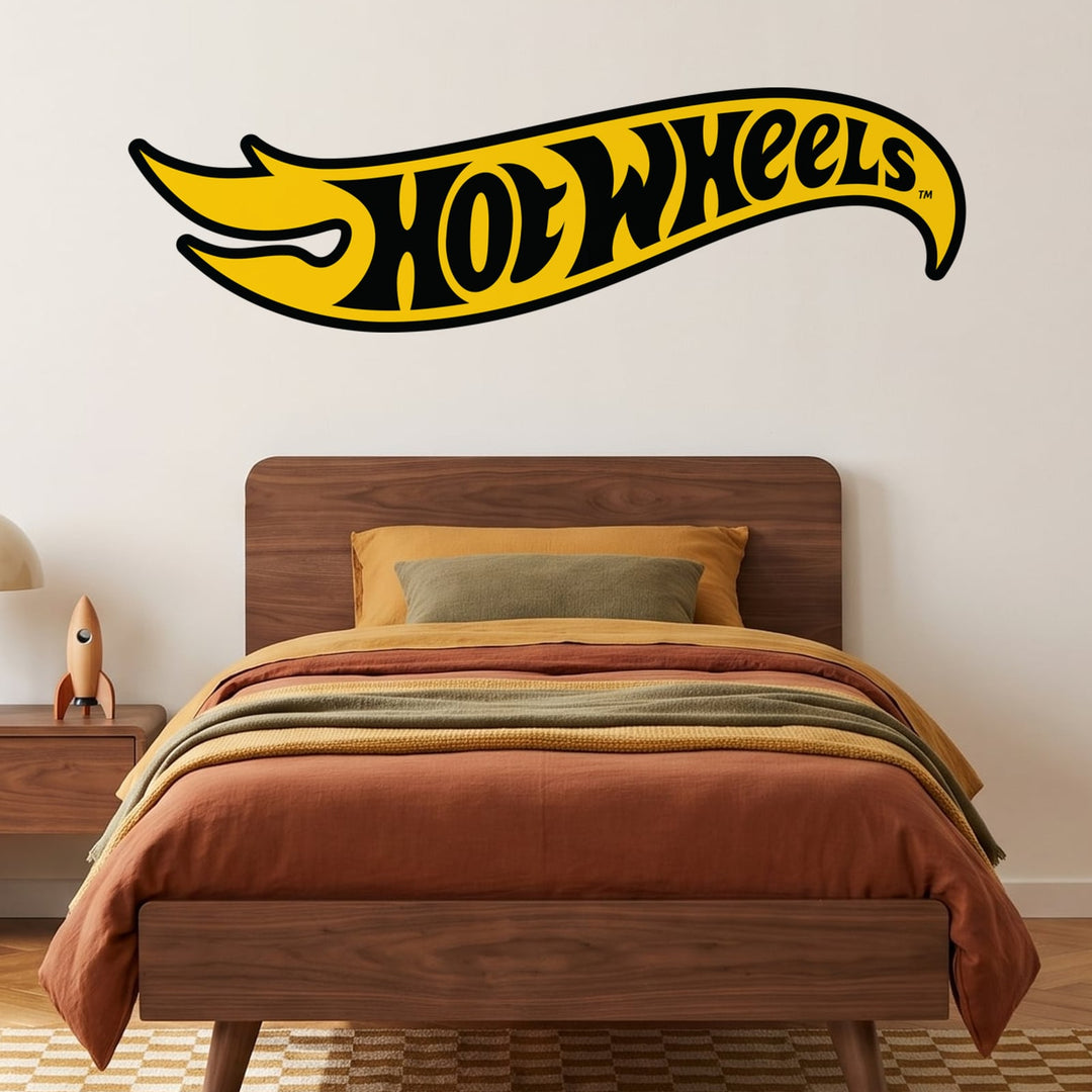 Hot Wheels Black & Yellow Logo Wall Sticker Decals wall decals on a boy's bedroom wall (Large (137 x 40 cm) size)