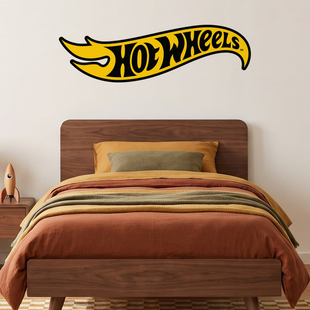 Hot Wheels Black & Yellow Logo Wall Sticker Decals wall decals on a boy's bedroom wall (Medium (100 x 30 cm) size)