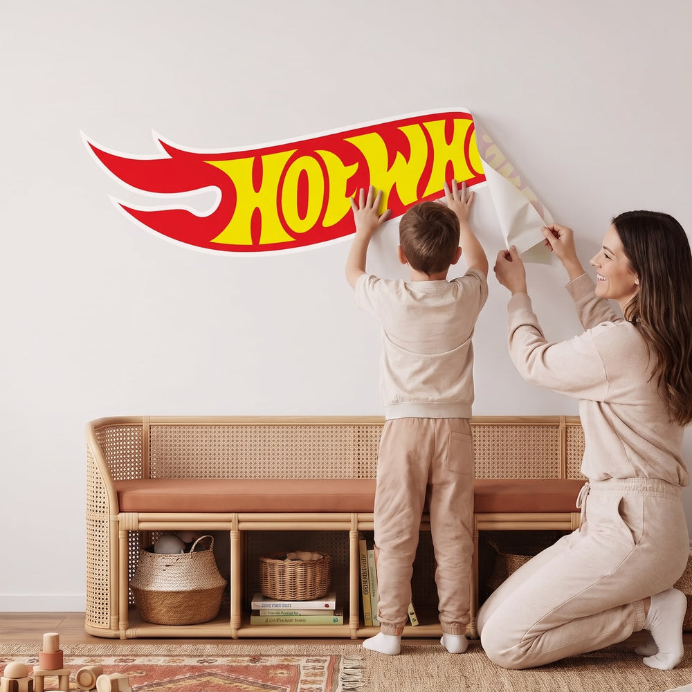 Hot Wheels Flame Logo Wall Sticker Decals wall decals: a boy and his mum putting the decals up in a playroom