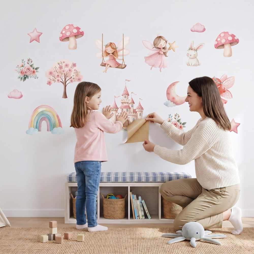 Fairy Garden Dreams Wall Sticker Decals wall decals: a girl and her mum putting the decals up in a playroom
