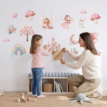 Fairy Garden Dreams Wall Sticker Decals wall decals: a girl and her mum putting the decals up in a playroom