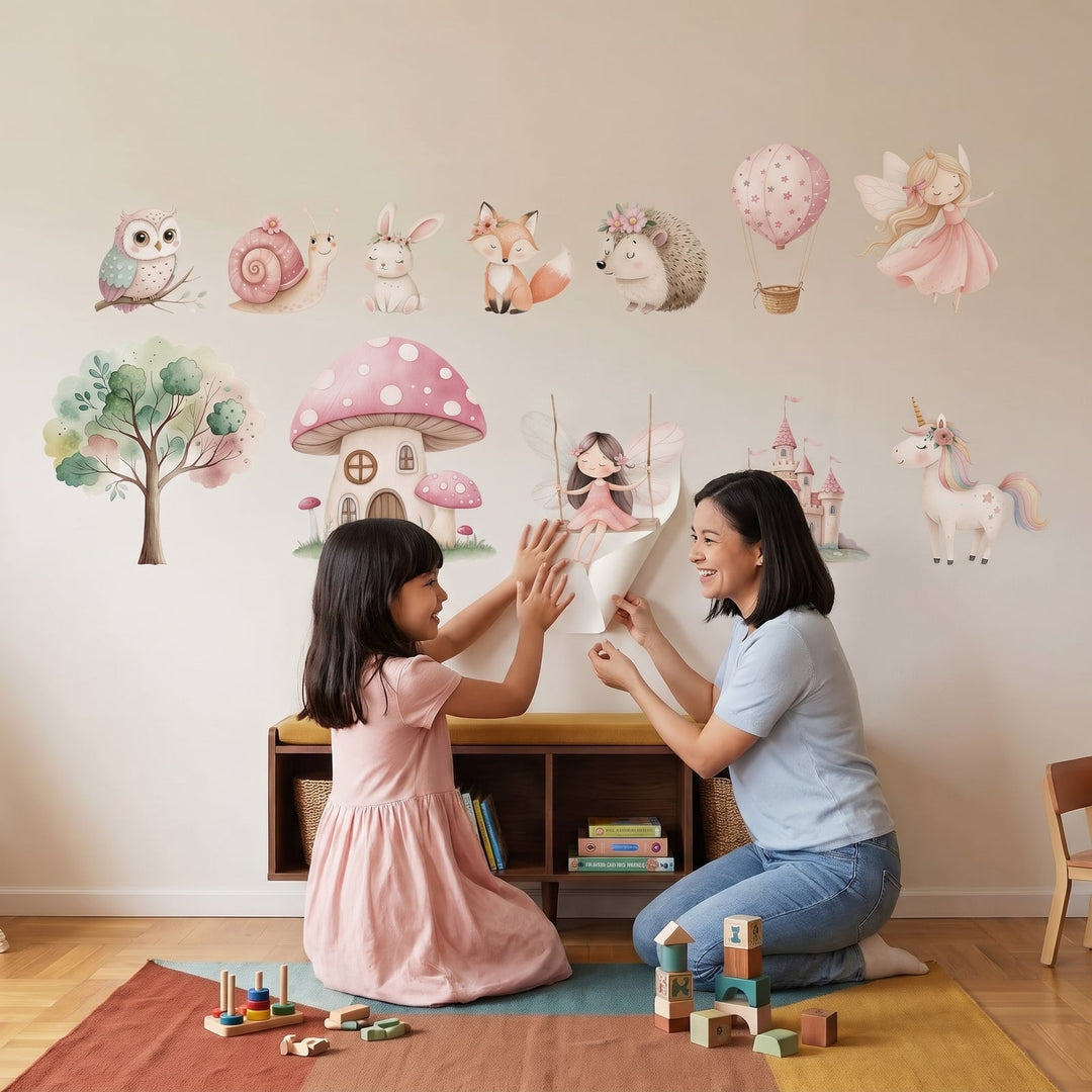 Fairy Land Wall Sticker Decals wall decals: a girl and her mum putting the decals up in a playroom