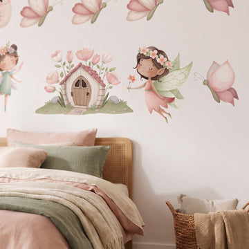Pastel Illustration Fairy Garden Wall Sticker Decals wall decals: a close-up of the decals from one side in a girl's bedroom
