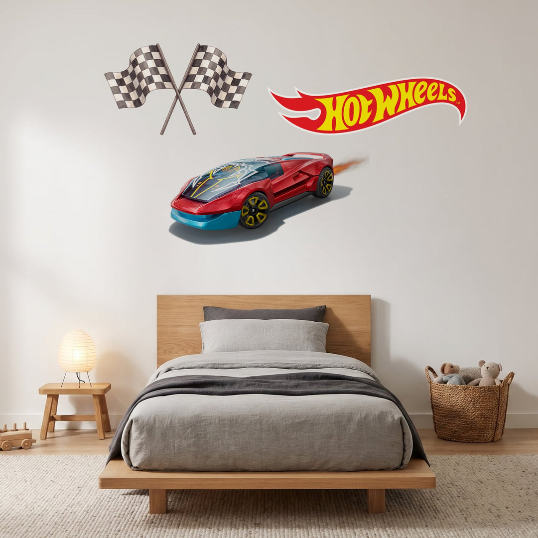 Hot Wheels Red Racer Wall Sticker Decals wall decals on a boy's bedroom wall (Feature Wall (Medium) size)