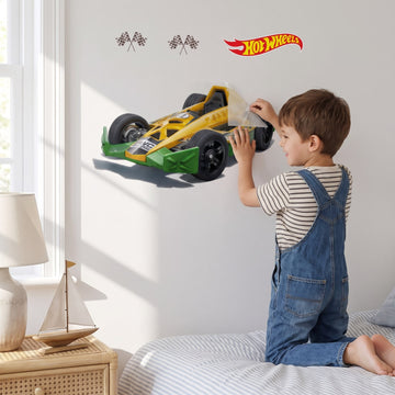 Hot Wheels Fast Lane Racer Set Wall Sticker Decals wall decals: a boy putting the decals up in a boy's bedroom