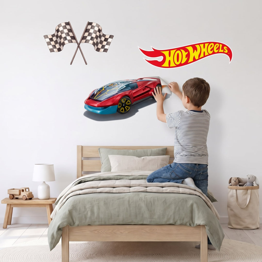 Hot Wheels Red Racer Wall Sticker Decals wall decals: a boy putting the decals up in a boy's bedroom