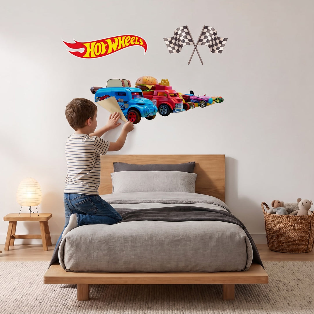 Hot Wheels Ready, Set, Go Wall Sticker Decals wall decals: a boy putting the decals up in a boy's bedroom
