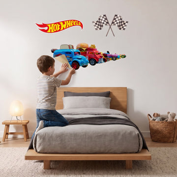 Hot Wheels Ready, Set, Go Wall Sticker Decals wall decals: a boy putting the decals up in a boy's bedroom