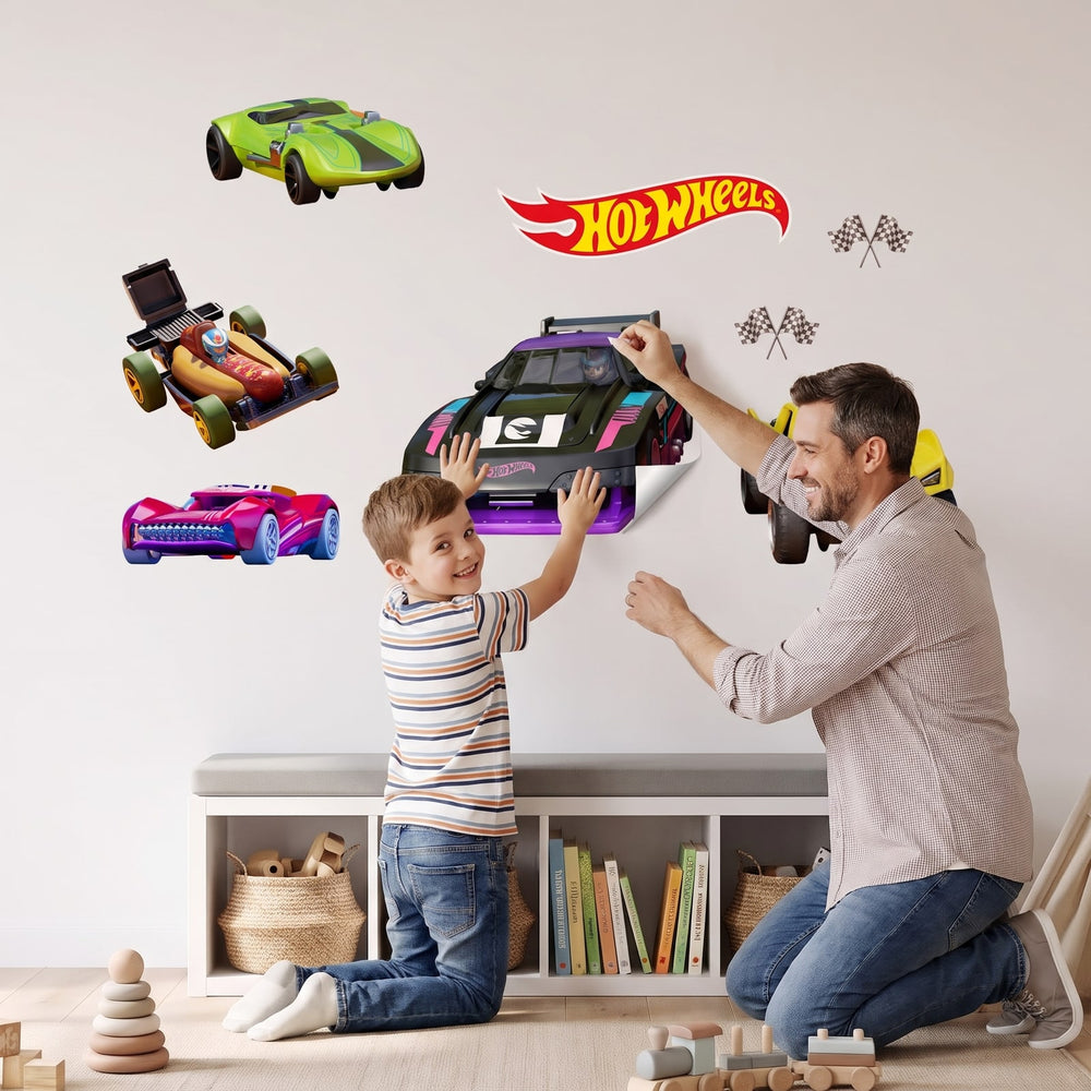 Let's Race Cars Wall Sticker Decals wall decals: a boy and his dad putting the decals up in a playroom