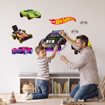 Let's Race Cars Wall Sticker Decals wall decals: a boy and his dad putting the decals up in a playroom