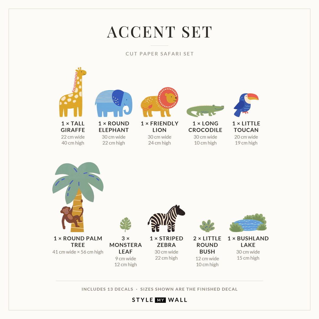 Cut Paper Safari Set Wall Sticker Decals: Accent Set sizes