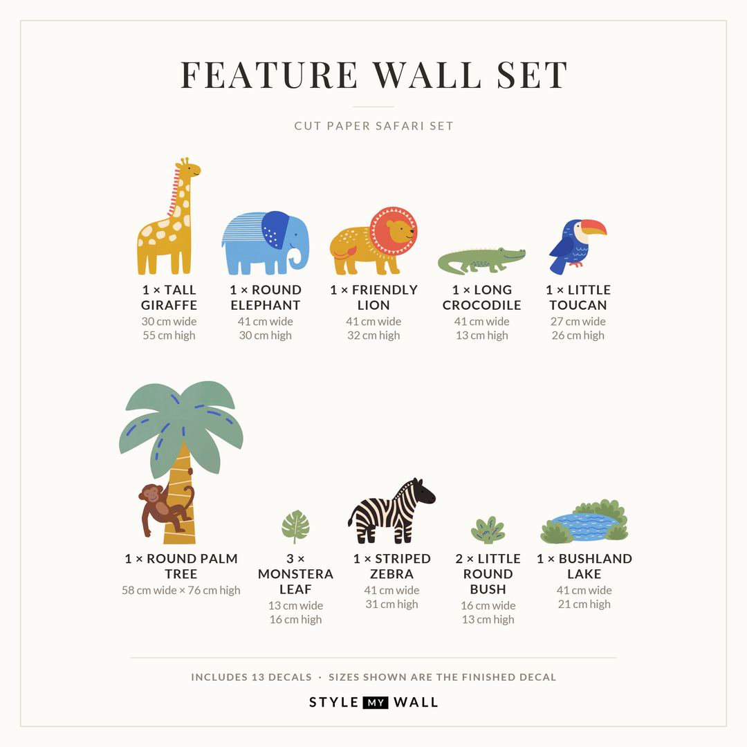 Cut Paper Safari Set Wall Sticker Decals: Feature Wall Set sizes