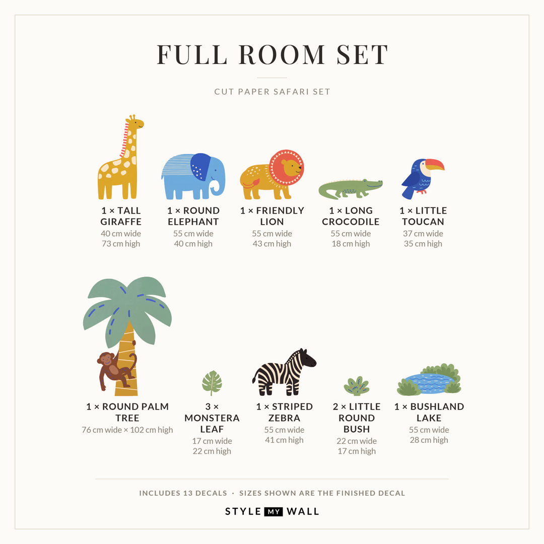 Cut Paper Safari Set Wall Sticker Decals: Full Room Set sizes