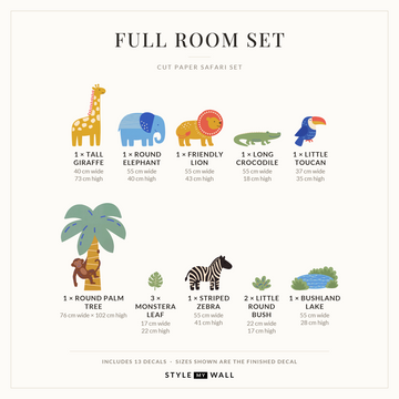 Cut Paper Safari Set Wall Sticker Decals: Full Room Set sizes