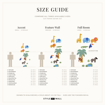 Cut Paper Safari Set Wall Sticker Decals: size guide, every size shown to scale beside a child