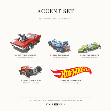 Hot Wheels Hot Rod Heroes Wall Sticker Decals: Accent Set sizes