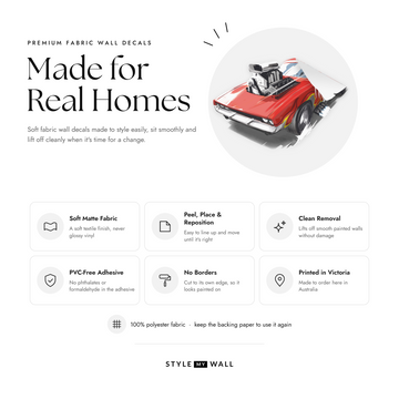 Hot Wheels Hot Rod Heroes Wall Sticker Decals: soft matte fabric wall decals that peel, stick and reposition, printed in Victoria