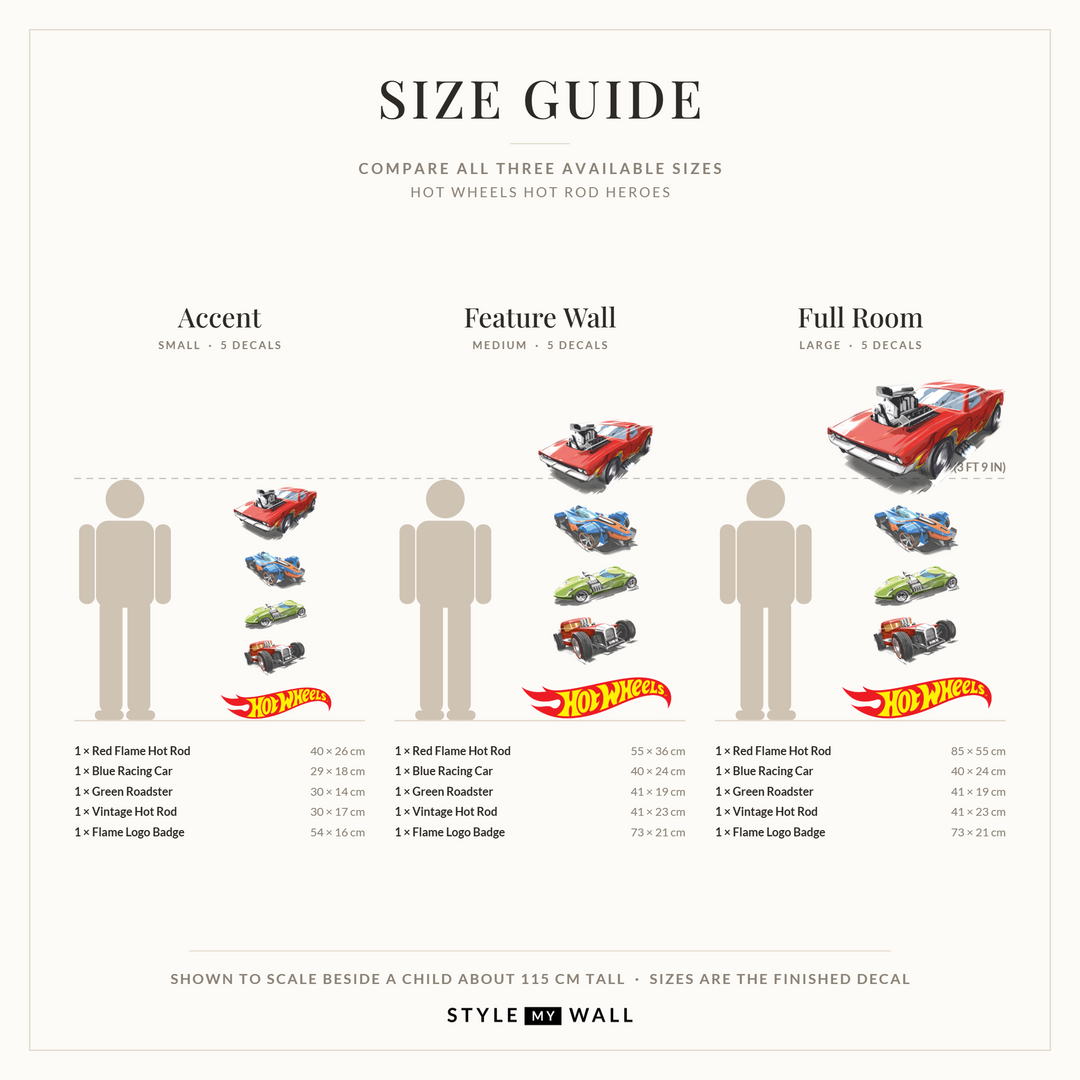 Hot Wheels Hot Rod Heroes Wall Sticker Decals: size guide, every size shown to scale beside a child